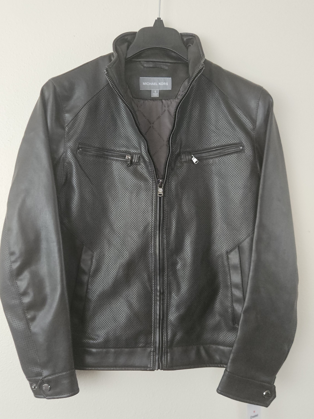 Michael Kors Men's Black Perforated Leather Bomber Jacket